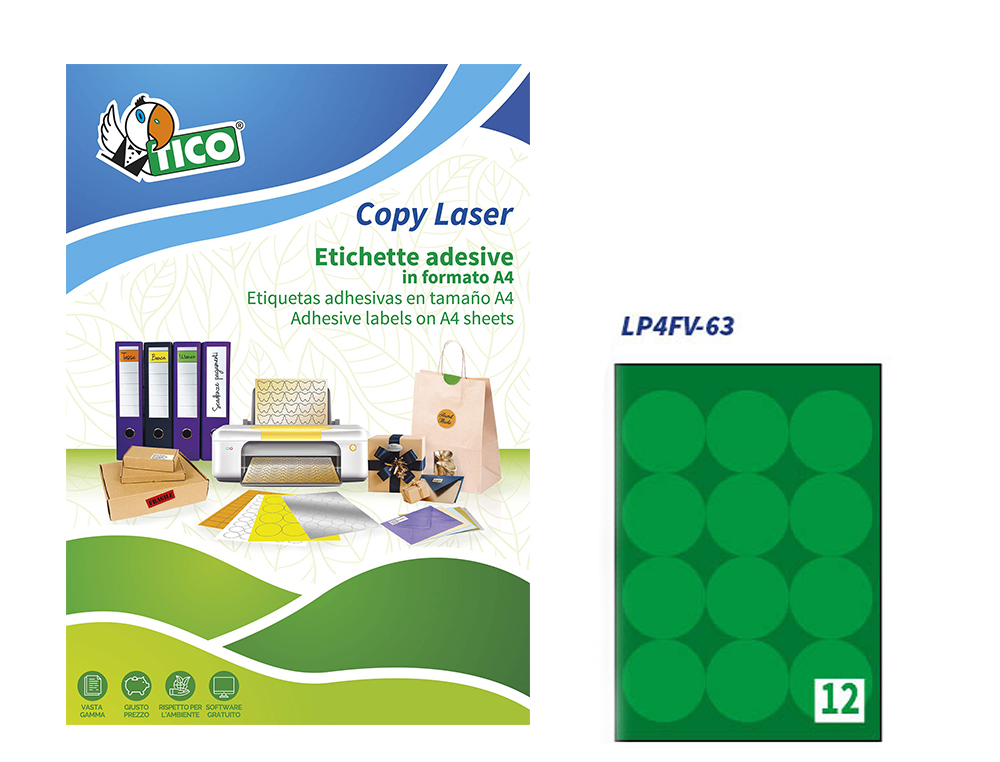 ETIQUETA ADESIVA TICO VERDE FLUOR PERMANENTE CERTIFICADO FSC LASER/JATO TINTA/FOTOCOPIA 63,5 MM CAIXA 840 UDS