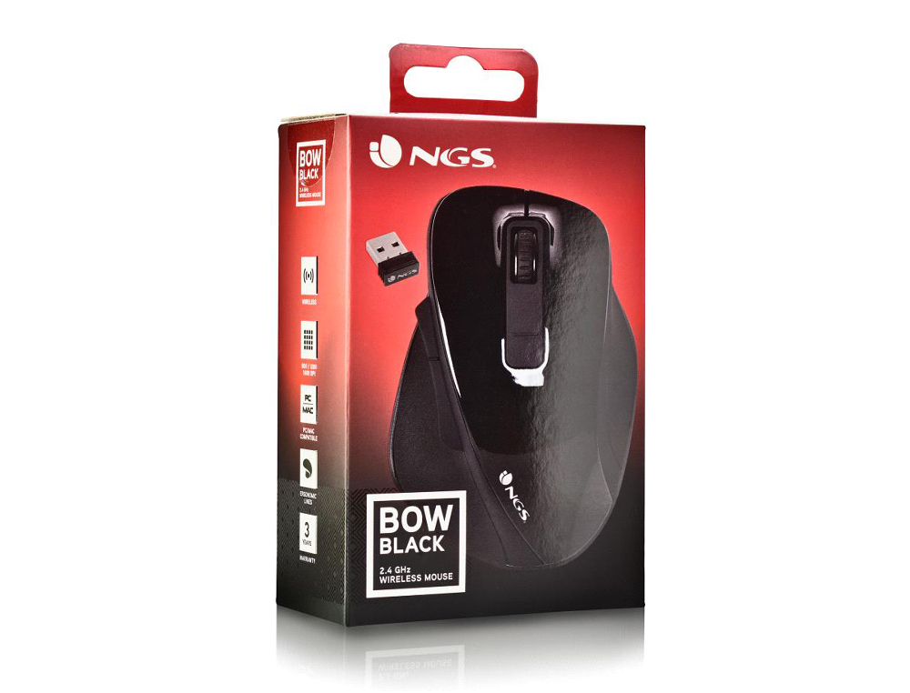 RATO NGS BOW OTICO 800/1200/1600 DPI SEM FIOS 5 BOTOES RECETOR 2.4 GHZ PRETO