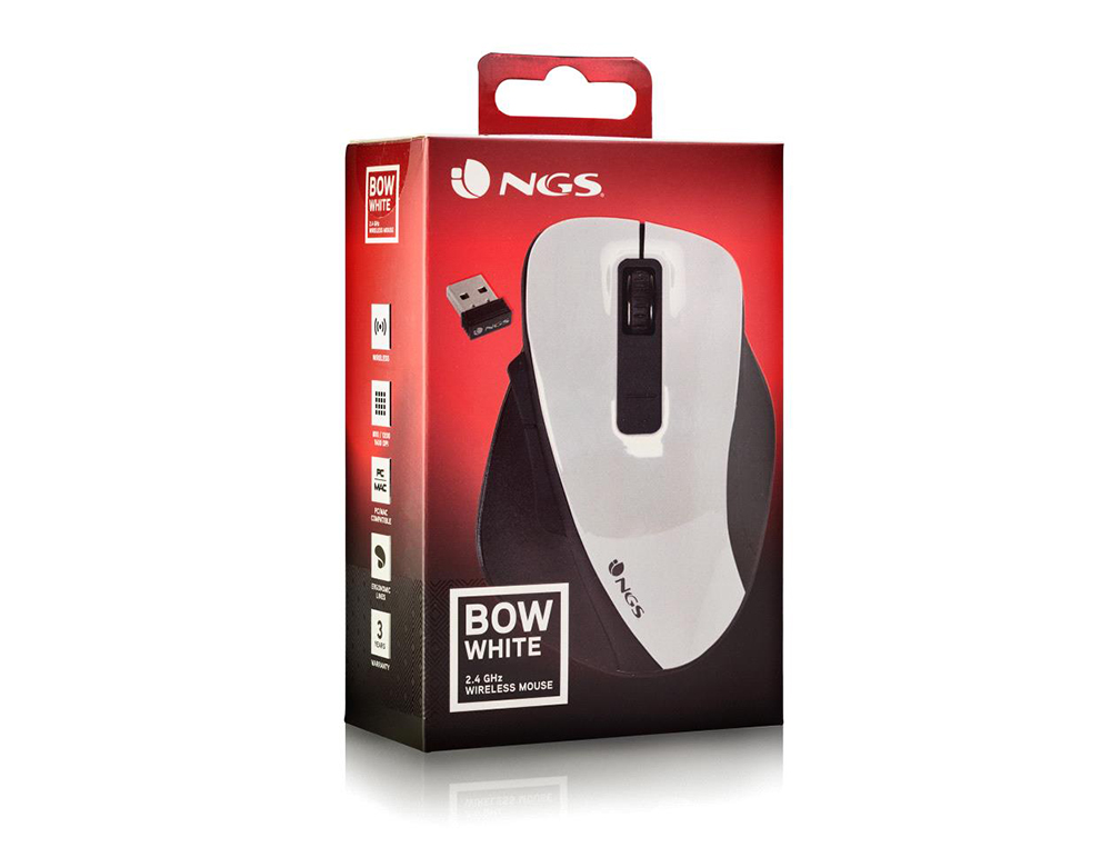 RATO NGS BOW OTICO 800/1200/1600 DPI SEM FIOS 5 BOTOES RECETOR 2.4 GHZ BRANCO