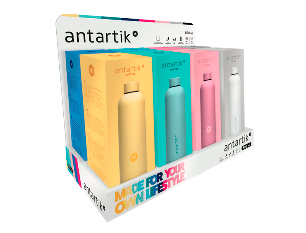 GARRAFA ANTARTIK ISOTERMICA EXPOSITOR 8 UDS CORES SORTIDAS ACO INOXIDAVEL LIVRE DE BPA 750 ML