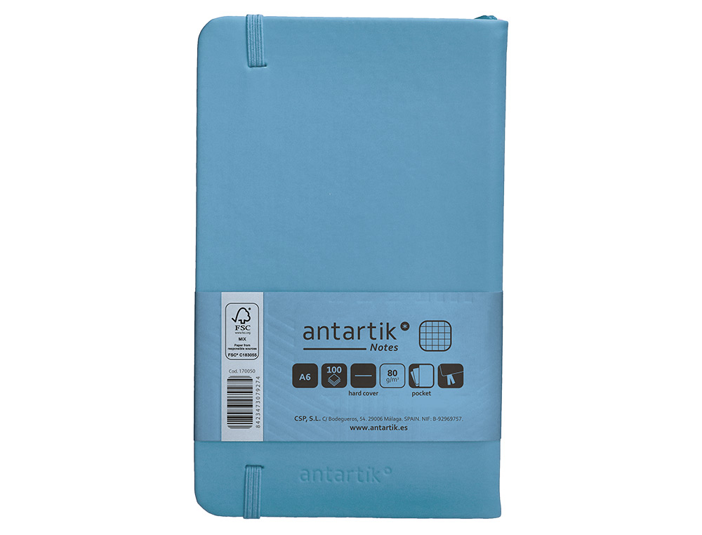 CADERNO COM ELASTICO ANTARTIK NOTES CAPA DURA A6 QUADRICULADO AZUL CLARO 100 FOLHAS 80 GR FSC