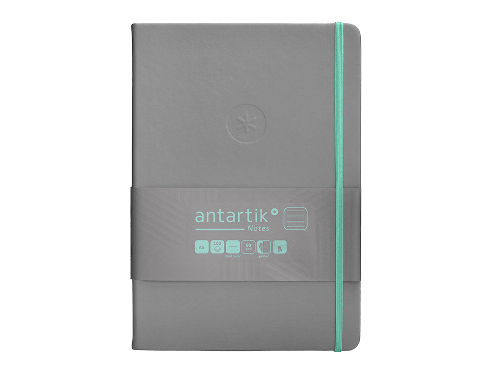 CADERNO COM ELASTICO ANTARTIK NOTES CAPA DURA A5 PAUTADO CINZA E TURQUESA 100 FOLHAS 80 GR FSC