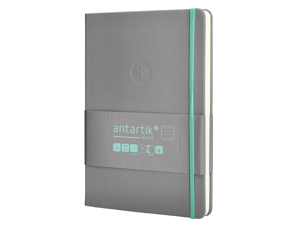 CADERNO COM ELASTICO ANTARTIK NOTES CAPA DURA A5 PAUTADO CINZA E TURQUESA 100 FOLHAS 80 GR FSC