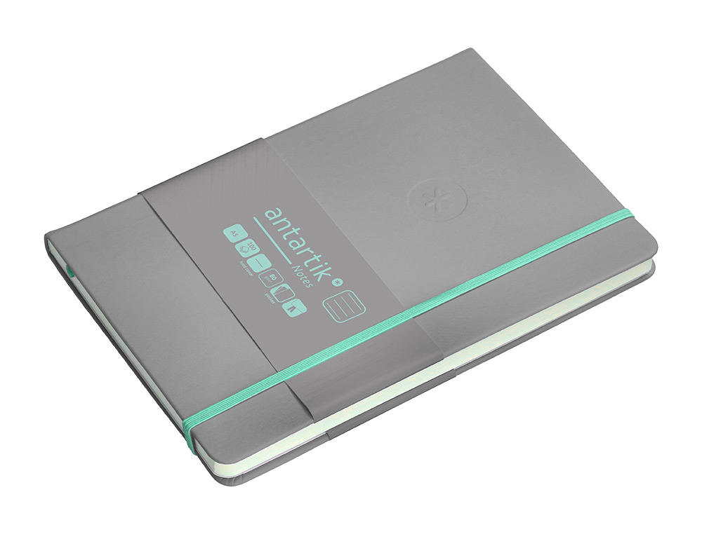 CADERNO COM ELASTICO ANTARTIK NOTES CAPA DURA A5 PAUTADO CINZA E TURQUESA 100 FOLHAS 80 GR FSC