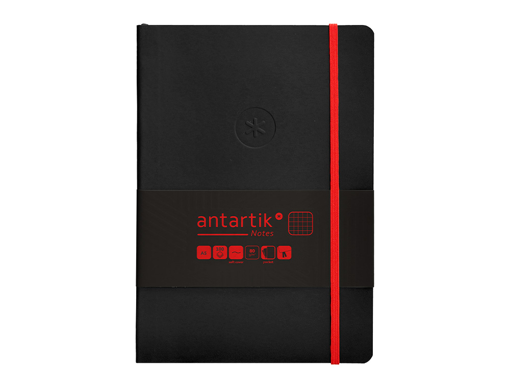 CADERNO COM ELASTICO ANTARTIK NOTES CAPA MOLE A5 QUADRICULADO PRETO E VERMELHO 80 FOLHAS 80 GR FSC