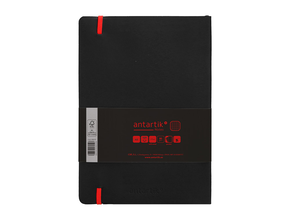 CADERNO COM ELASTICO ANTARTIK NOTES CAPA MOLE A5 QUADRICULADO PRETO E VERMELHO 80 FOLHAS 80 GR FSC