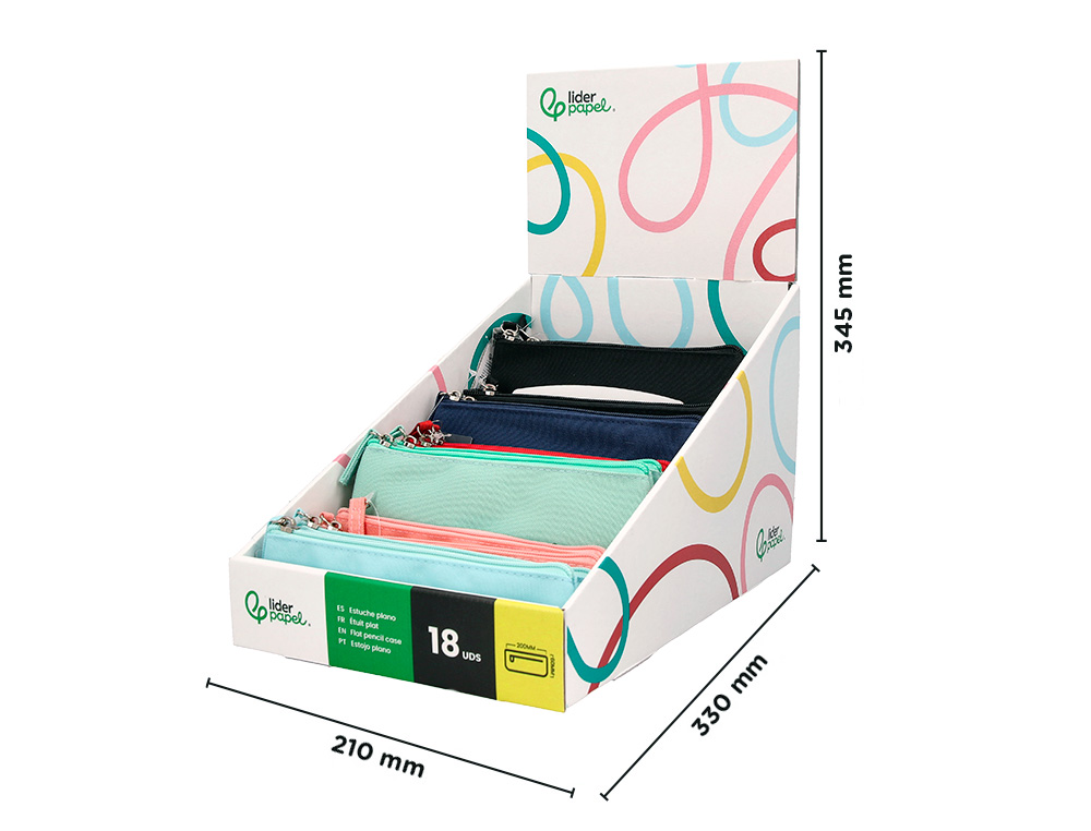 ESTOJO ESCOLAR LIDERPAPEL PLANO ESTREITO UM FECHO 200X60 MM EXPOSITOR CORES SORTIDAS 18 UNIDADES