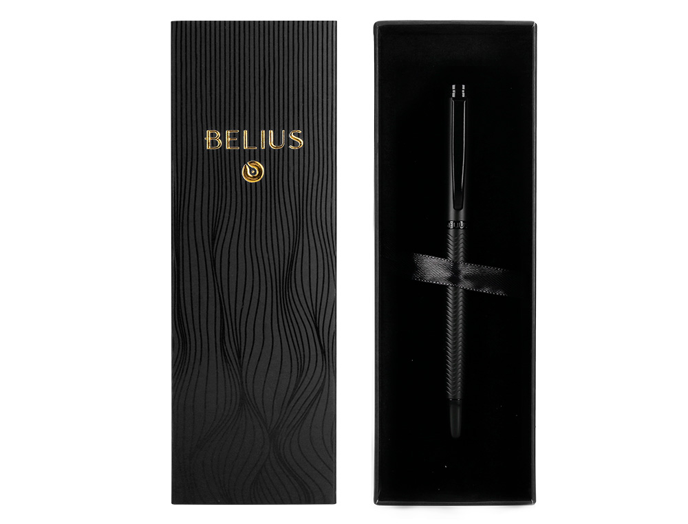 ESFEROGRAFICA BELIUS NEPTUNO ALUMINIO TEXTURA WAVY COR PRETO TINTA AZUL CAIXA DE DESIGN