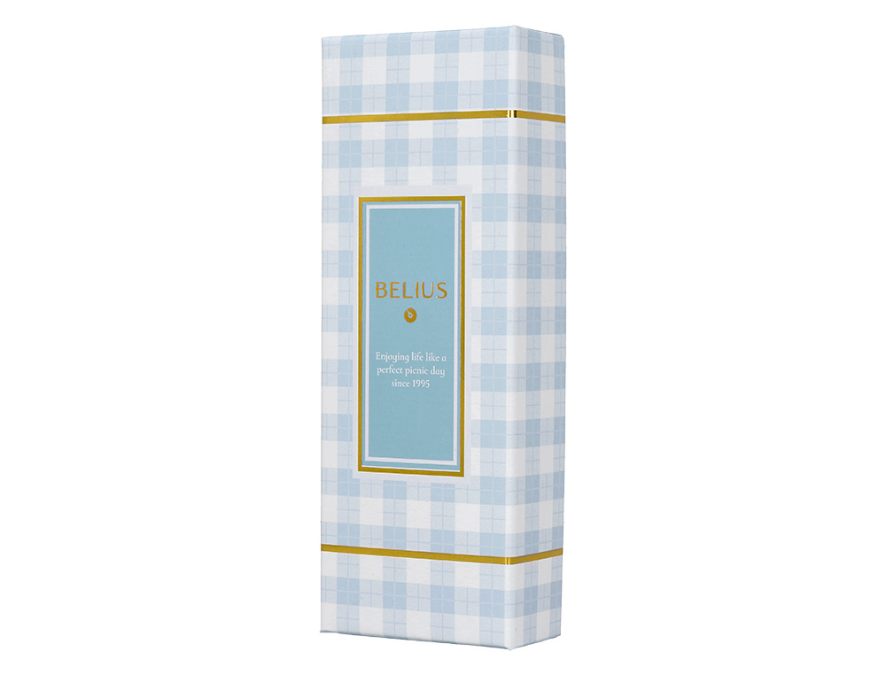 ESFEROGRAFICA BELIUS PICNIC ALUMINIO COR AZUL CELESTE DOURADO TINTA AZUL CAIXA DE DESIGN