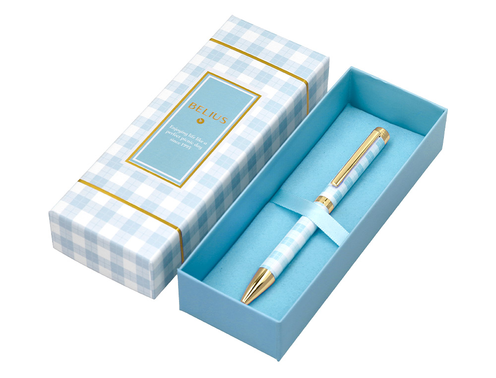 ESFEROGRAFICA BELIUS PICNIC ALUMINIO COR AZUL CELESTE DOURADO TINTA AZUL CAIXA DE DESIGN