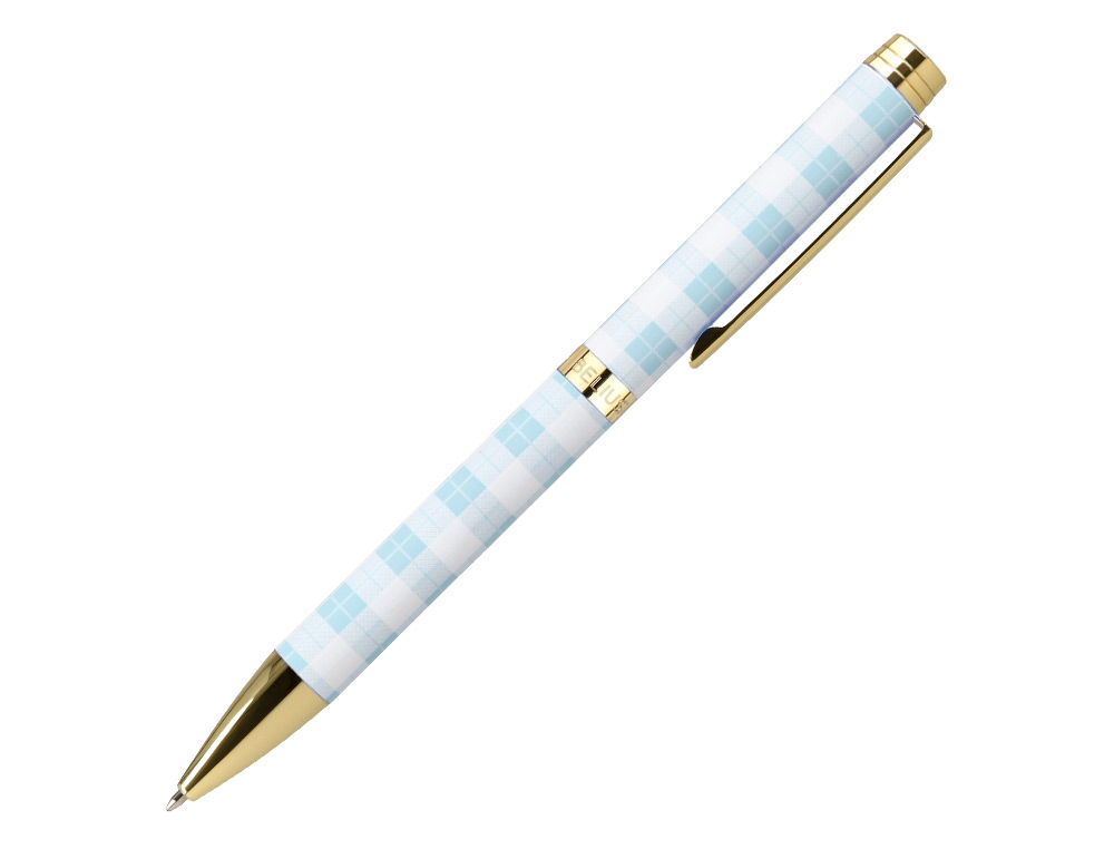 ESFEROGRAFICA BELIUS PICNIC ALUMINIO COR AZUL CELESTE DOURADO TINTA AZUL CAIXA DE DESIGN