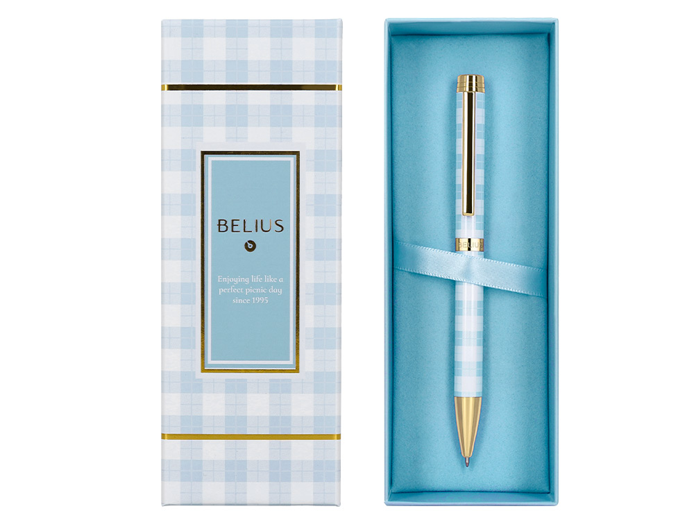 ESFEROGRAFICA BELIUS PICNIC ALUMINIO COR AZUL CELESTE DOURADO TINTA AZUL CAIXA DE DESIGN