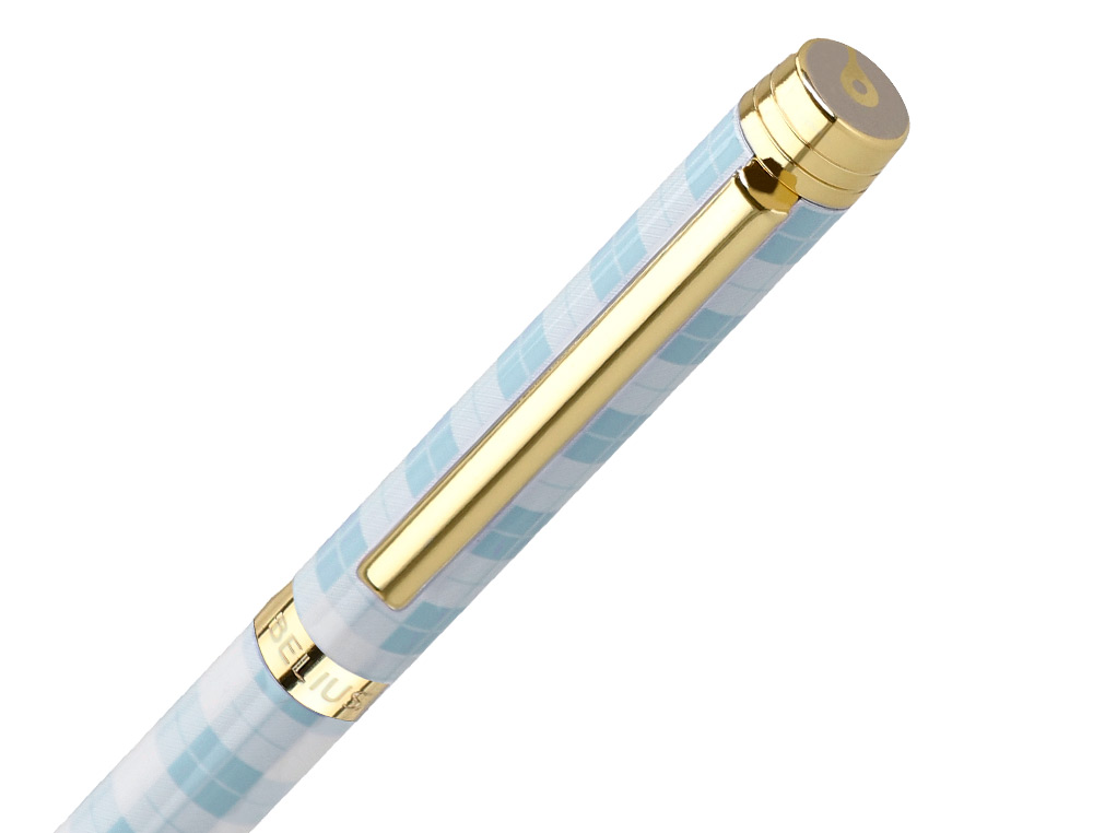ESFEROGRAFICA BELIUS PICNIC ALUMINIO COR AZUL CELESTE DOURADO TINTA AZUL CAIXA DE DESIGN