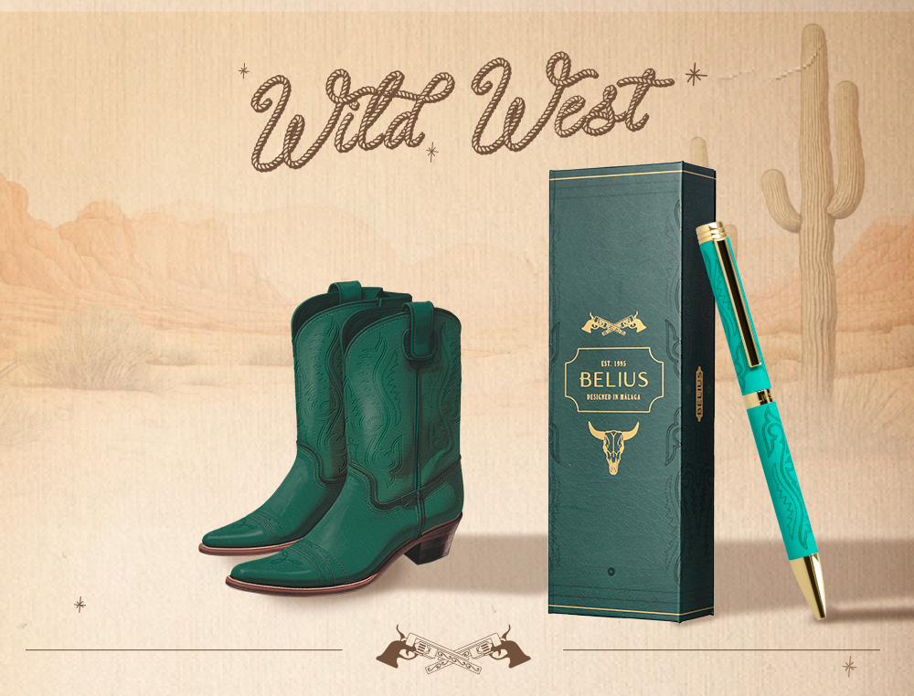 ESFEROGRAFICA BELIUS WILD WEST ALUMINIO COR CASTANHO DOURADO TINTA COR AZUL CAIXA DE DESIGN
