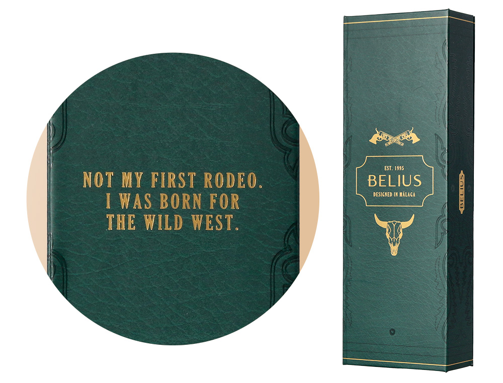 ESFEROGRAFICA BELIUS WILD WEST ALUMINIO COR CASTANHO DOURADO TINTA COR AZUL CAIXA DE DESIGN