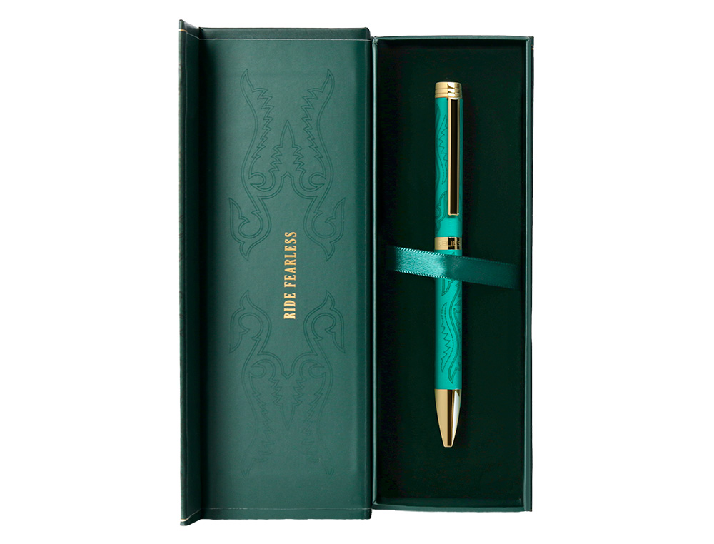 ESFEROGRAFICA BELIUS WILD WEST ALUMINIO COR CASTANHO DOURADO TINTA COR AZUL CAIXA DE DESIGN