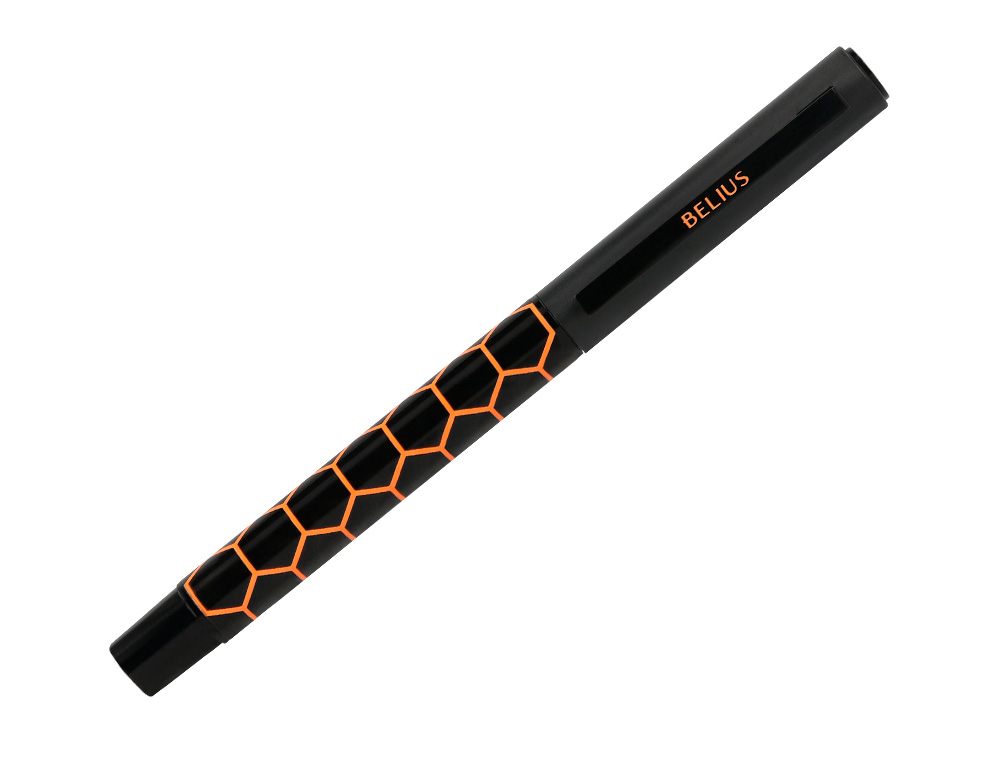 ESFEROGRAFICA BELIUS LEGACY ALUMINIO DESENHO HEXAGONO LARANJA CORPO PRETO TINTA COR AZUL CAIXA DE DESIGN
