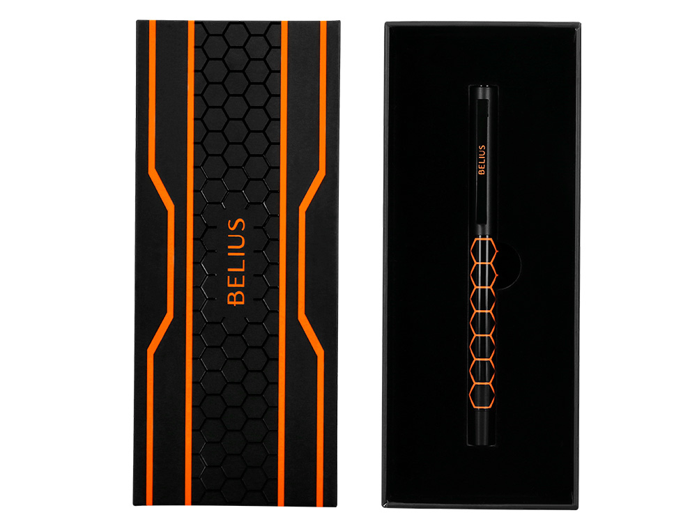 ESFEROGRAFICA BELIUS LEGACY ALUMINIO DESENHO HEXAGONO LARANJA CORPO PRETO TINTA COR AZUL CAIXA DE DESIGN