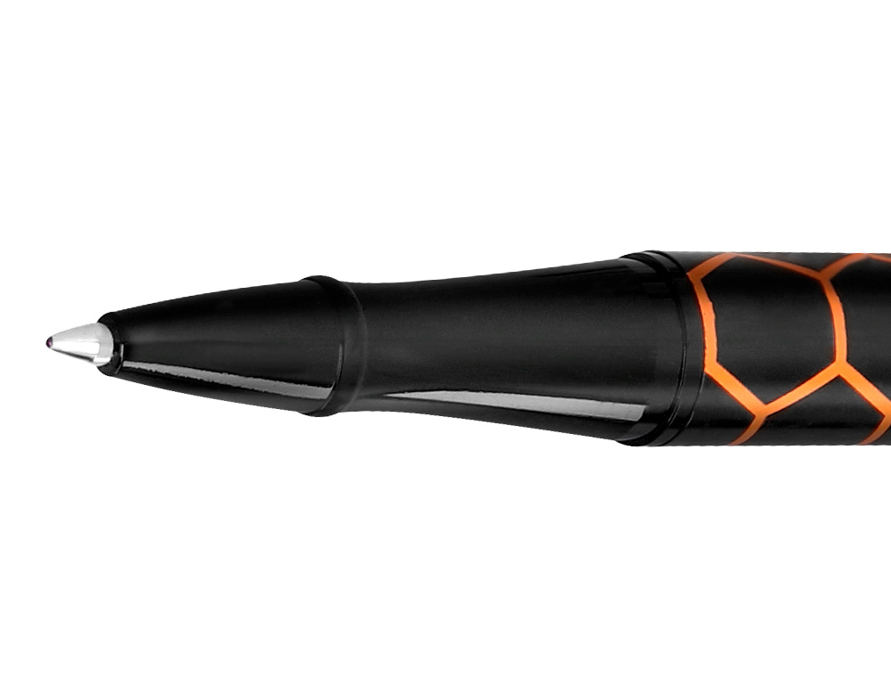 ESFEROGRAFICA BELIUS LEGACY ALUMINIO DESENHO HEXAGONO LARANJA CORPO PRETO TINTA COR AZUL CAIXA DE DESIGN