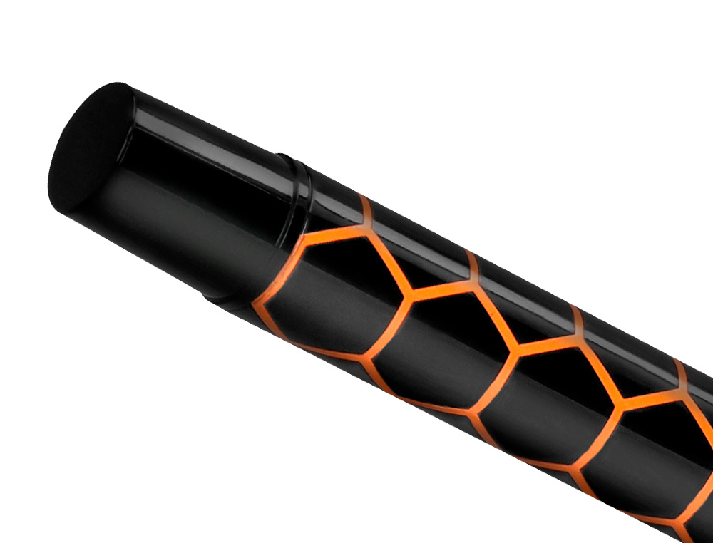 ESFEROGRAFICA BELIUS LEGACY ALUMINIO DESENHO HEXAGONO LARANJA CORPO PRETO TINTA COR AZUL CAIXA DE DESIGN