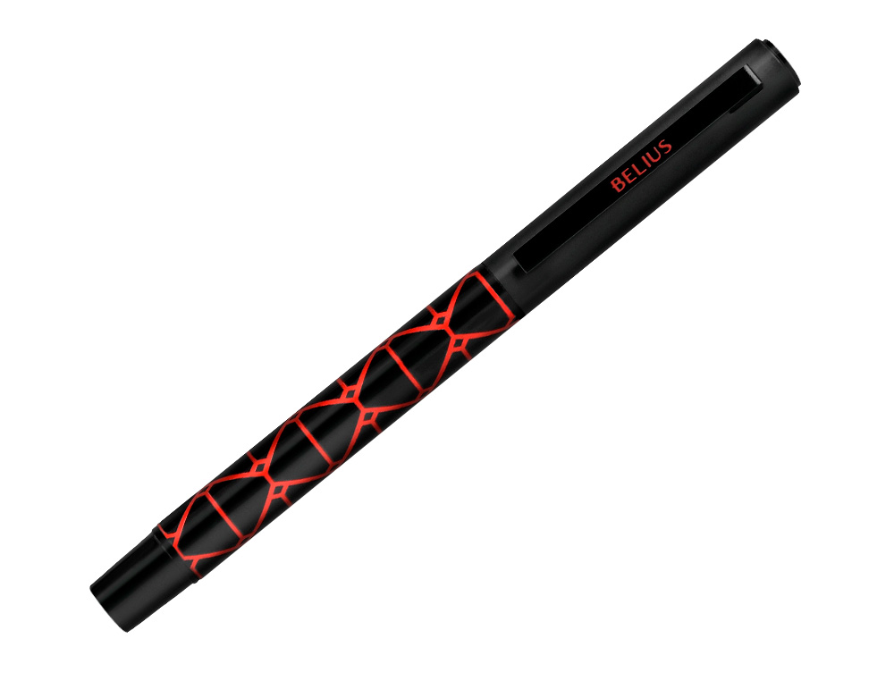ESFEROGRAFICA BELIUS LEGACY ALUMINIO DESENHO TRIANGULO VERMELHO CORPO PRETO TINTA COR AZUL CAIXA DE DESIGN