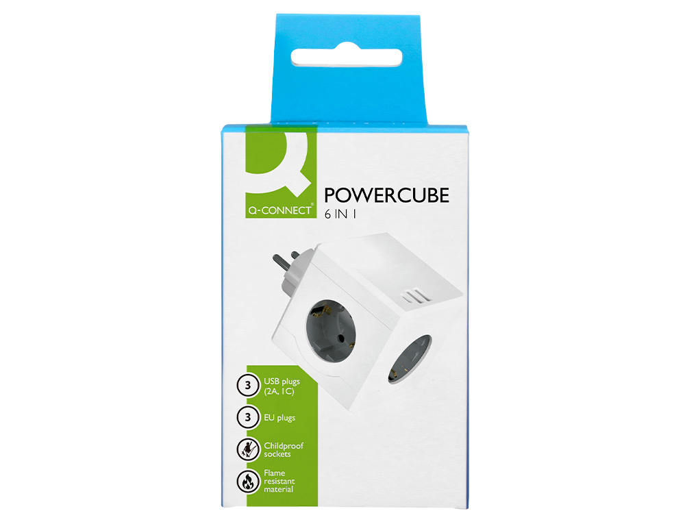 EXTENSAO Q-CONNECT EM CUBO MULTIPLA 6 EM 1 DIRETO PAREDE 3 TOMADAS DE CORRENTE+2 USB+1 USB C 75X75X112MM