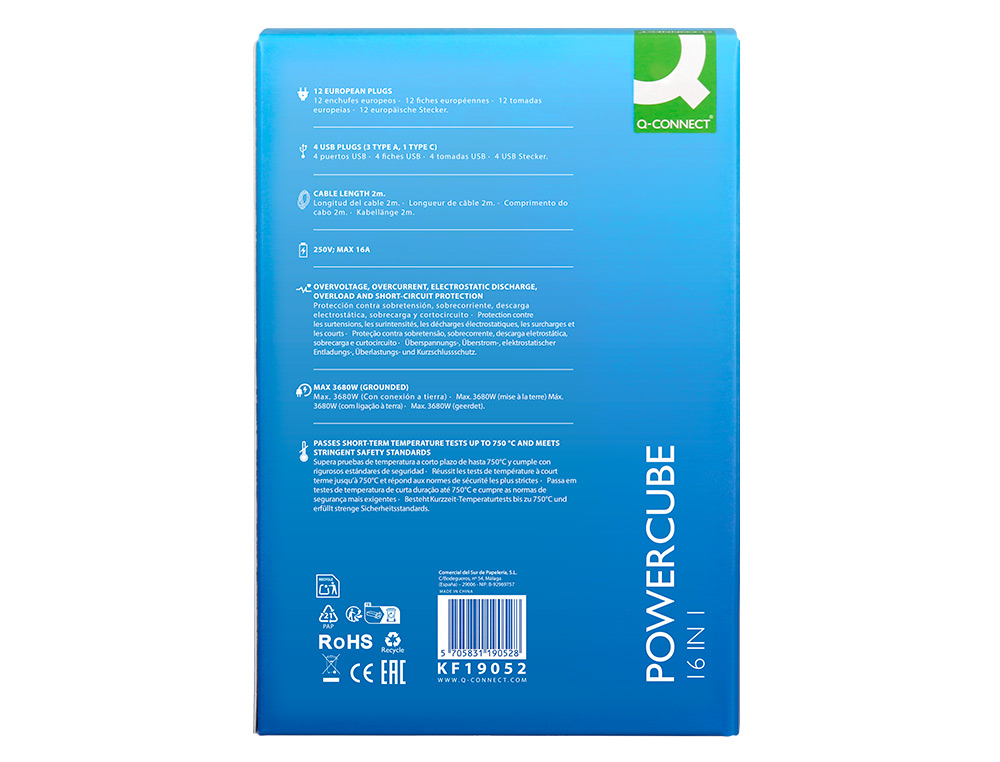 EXTENSAO Q-CONNECT MULTIPLA 16 EM 1 CABO 2 MT 12 TOMADAS DE CORRENTE+3 USB+1 USB TIPO C 120X120X210MM