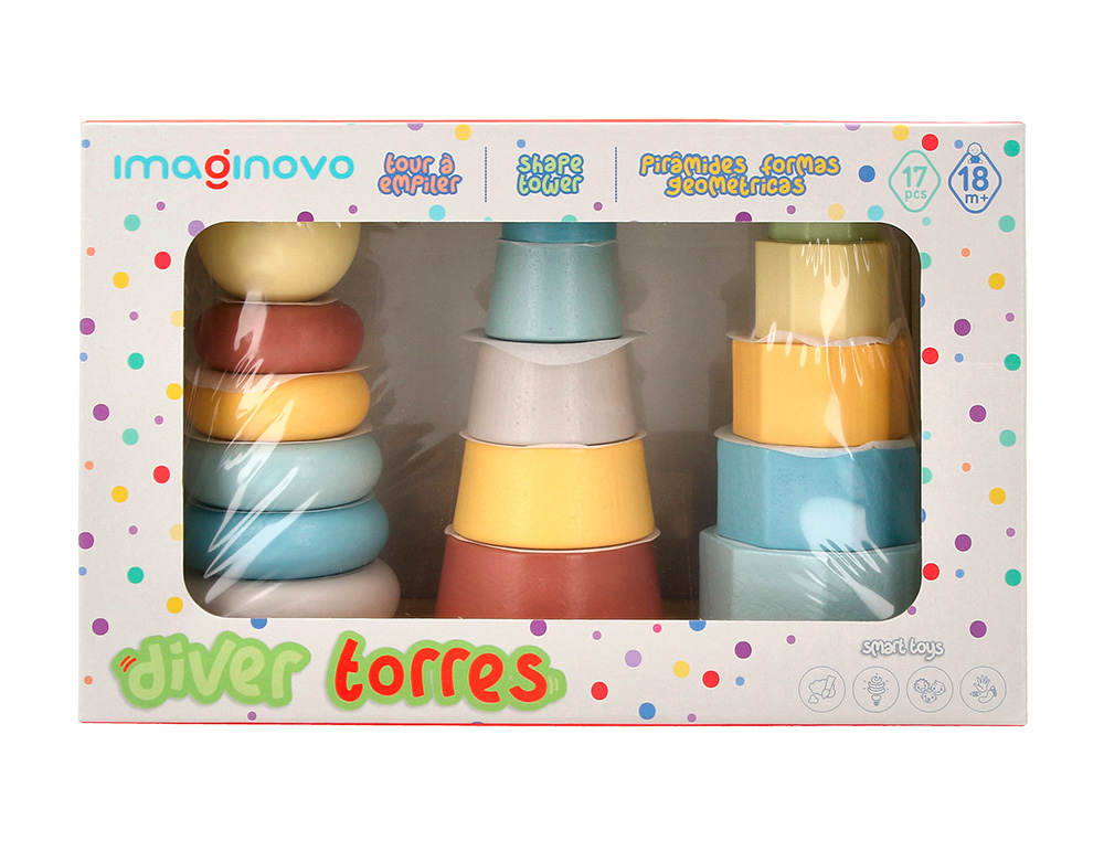 JOGO INFANTIL IMAGINOVO MADEIRA TORRE DE FORMAS EMPILHAVEIS +18 MESES 17 PECAS 28X20X9CM