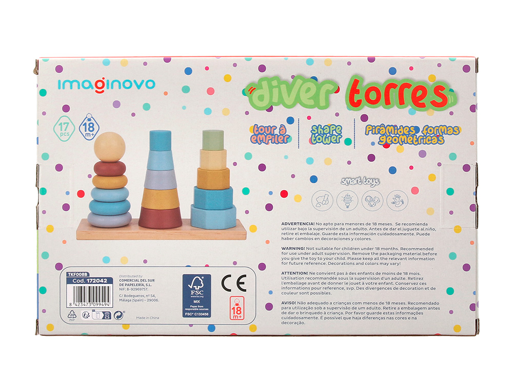 JOGO INFANTIL IMAGINOVO MADEIRA TORRE DE FORMAS EMPILHAVEIS +18 MESES 17 PECAS 28X20X9CM