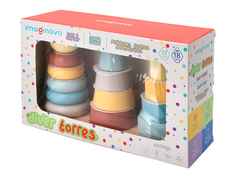 JOGO INFANTIL IMAGINOVO MADEIRA TORRE DE FORMAS EMPILHAVEIS +18 MESES 17 PECAS 28X20X9CM