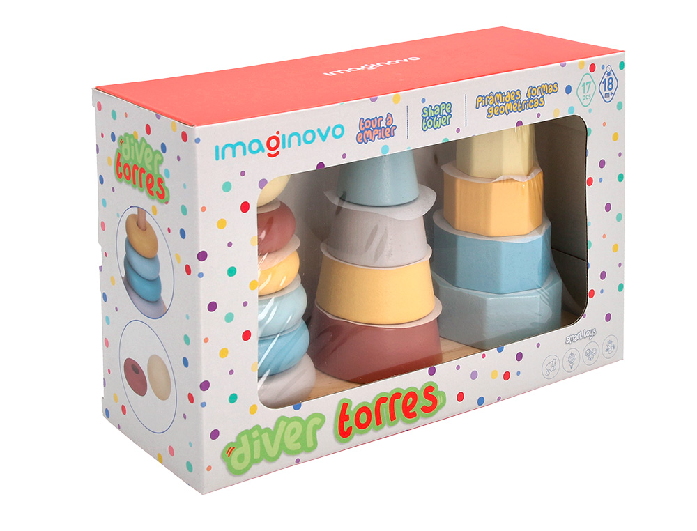 JOGO INFANTIL IMAGINOVO MADEIRA TORRE DE FORMAS EMPILHAVEIS +18 MESES 17 PECAS 28X20X9CM