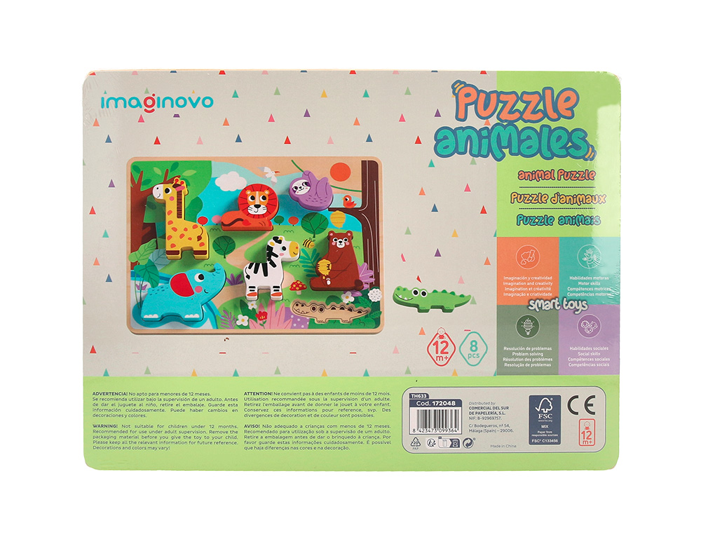 PUZZLE INFANTIL IMAGINOVO MADEIRA 3D ANIMAIS +12 MESES 8 PECAS 29,5X22X1,7CM
