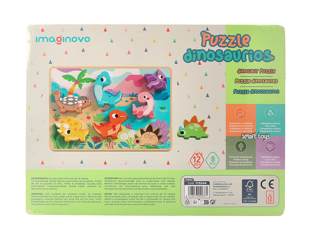 PUZZLE INFANTIL IMAGINOVO MADEIRA 3D DINOSSAUROS +12 MESES 8 PECAS 29,5X22X1,7CM