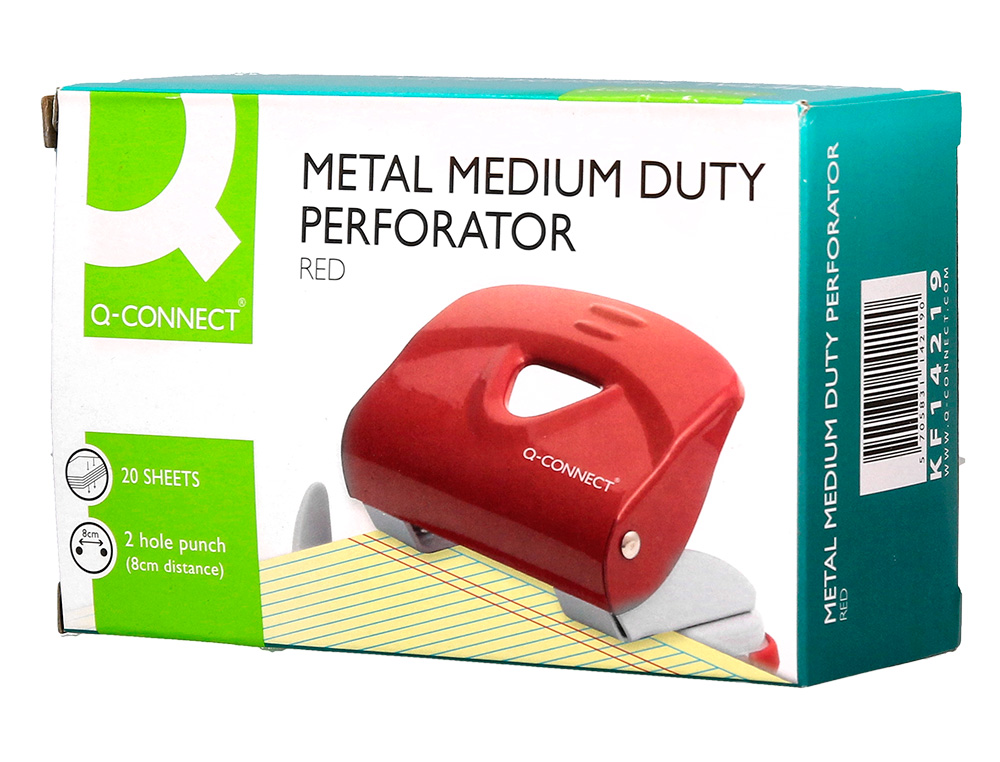 FURADOR Q-CONNECT KF14219 VERMELHO ABERTURA 2 MM CAPACIDADE 20 FOLHAS
