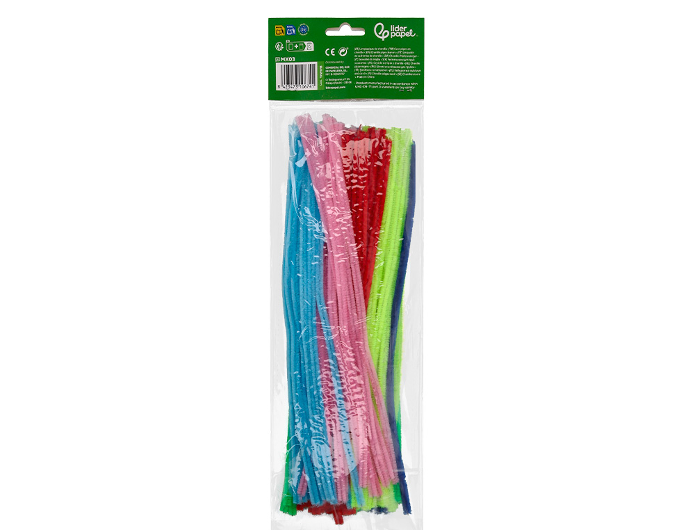 TIRAS DE CHENILLE LIDERPAPEL 30 CM CORES MATE SORTIDAS BOLSA DE 100 UNIDADES