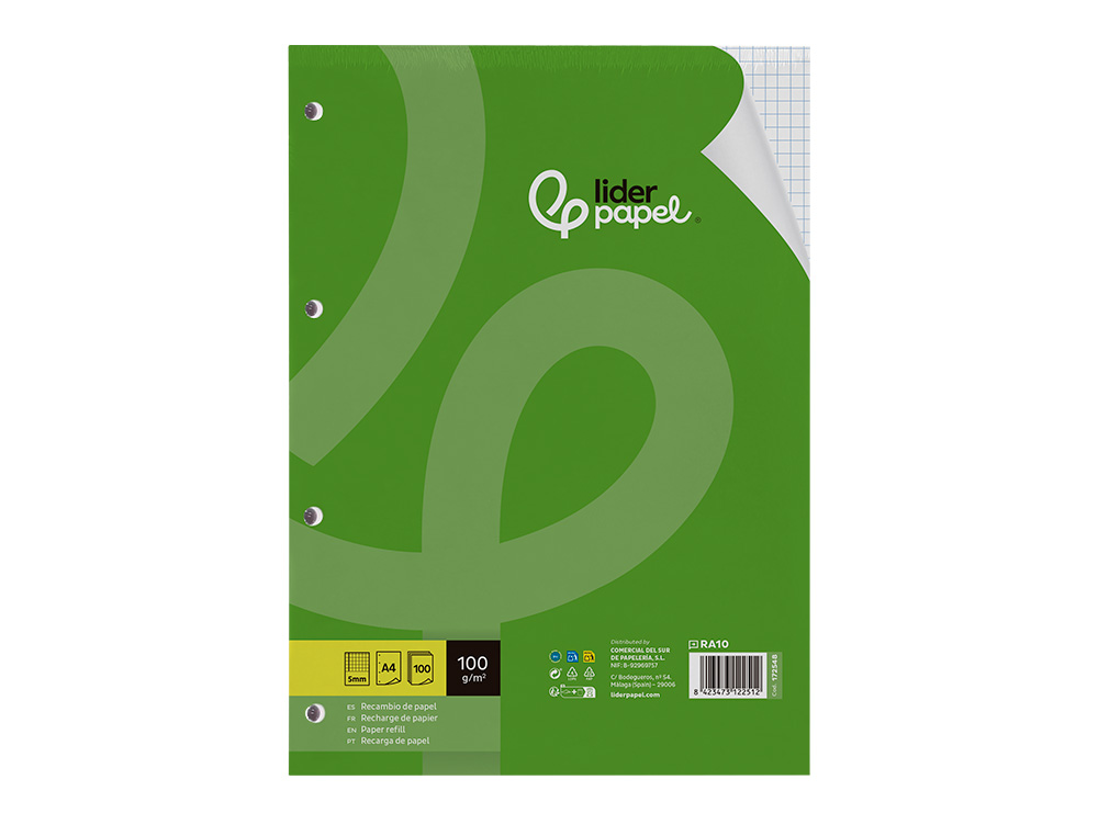 RECARGA LIDERPAPEL A4 100 FOLHAS 100 GR QUADRICULA 5 MM COM MARGEM 4 FUROS
