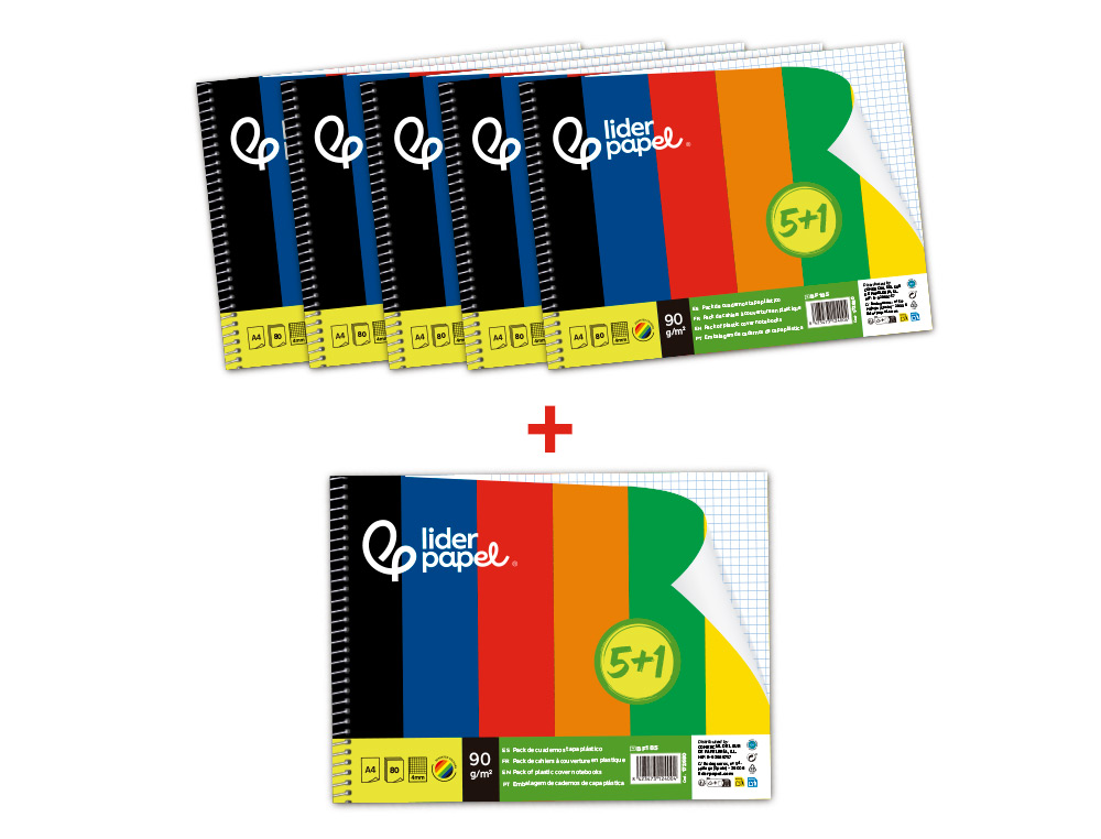 CADERNO ESPIRAL LIDERPAPEL DIN A4 CAPA POLIPROPILENO 80 F 75 GR QUADRICULA 4MM COM MARGEM PACK 5+1 CORES SORTIDAS