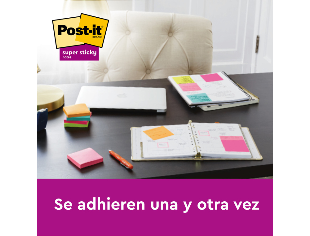 BLOCO DE NOTAS ADESIVAS POST IT SUPER STICKY CARNIVAL 100% PEFC 76X127 MM PACK DE 6 BLOCOS CORES SORTIDAS