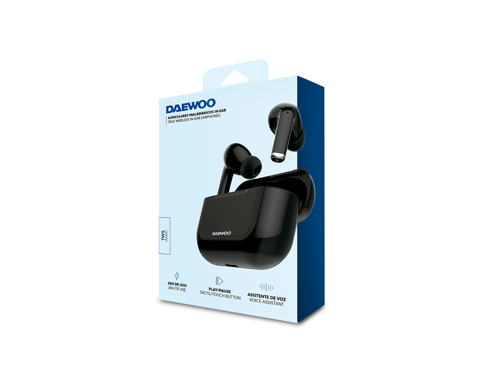 AURICULAR DAEWOO TWS BLUETOOTH 5.3 USB TIPO-C COM ESTOJO DE CARREGAMENTO 500MAH COR PRETO