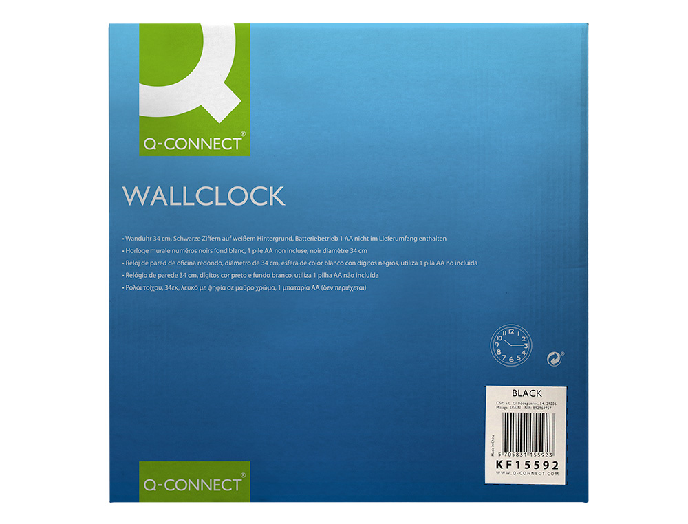 RELOGIO Q-CONNECT DE PAREDE REDONDO EM PLASTICO DIAMETRO 35 CM ARO PRETO