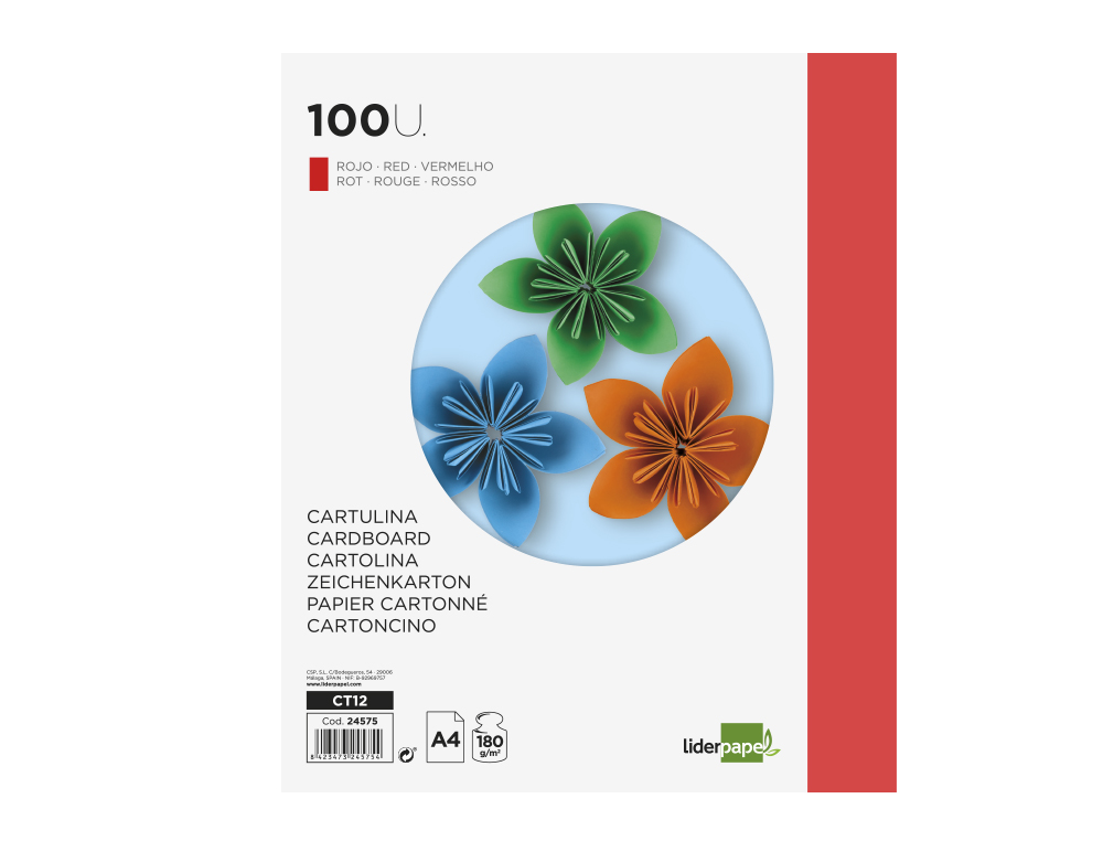 CARTOLINA LIDERPAPEL DIN A4 180 GR VERMELHA PACK DE 100 UNIDADES