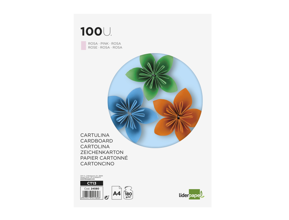 CARTOLINA LIDERPAPEL DIN A4 180 GR ROSA PACK DE 100 UNIDADES
