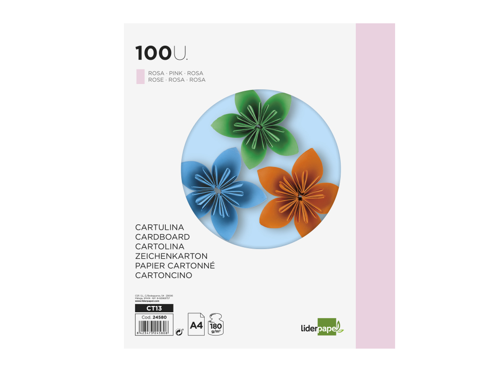 CARTOLINA LIDERPAPEL DIN A4 180 GR ROSA PACK DE 100 UNIDADES