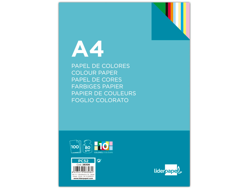 PAPEL DE COR LIDERPAPEL DIN A4 80 GR EMBALAGEM DE 100 FOLHAS 10 CORES X 10 FOLHAS