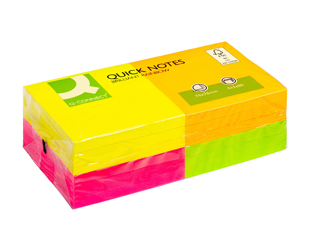 BLOCO DE NOTAS ADESIVAS Q-CONNECT SORTIDO 76 X 76 MM COM 80 FOLHAS PACK DE 12 EM 4 CORES