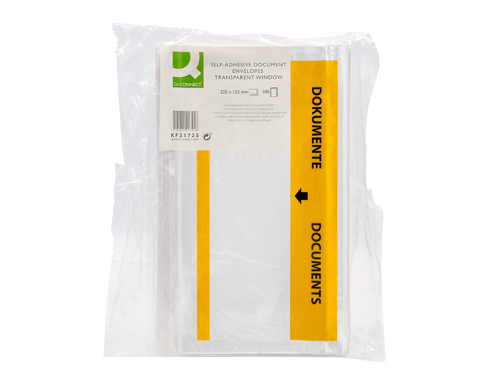 ENVELOPE AUTOADESIVO Q-CONNECT PORTA DOCUMENTOS MULTILINGUE 225X122 MM JANELA TRANSPARENTE PACK DE 100 UNIDADES
