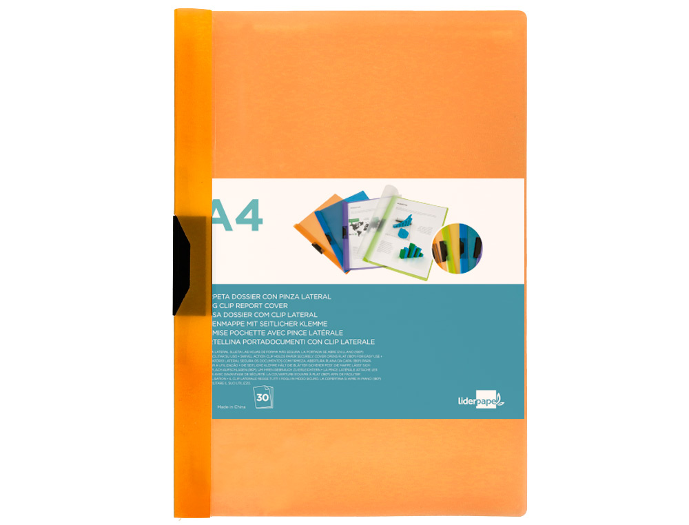 BOLSA DOSSIER LIDERPAPEL COM CLIP LATERAL DIN A4 LARANJA 30 FOLHAS