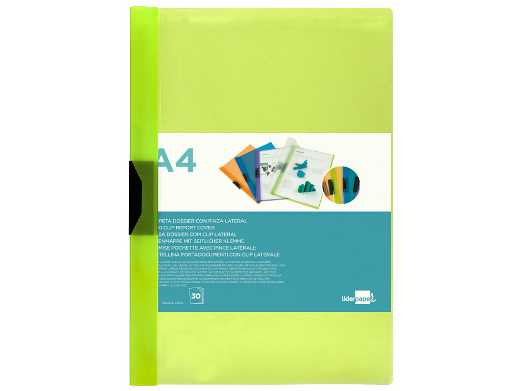 BOLSA DOSSIER LIDERPAPEL COM CLIP LATERAL DIN A4 VERDE 30 FOLHAS