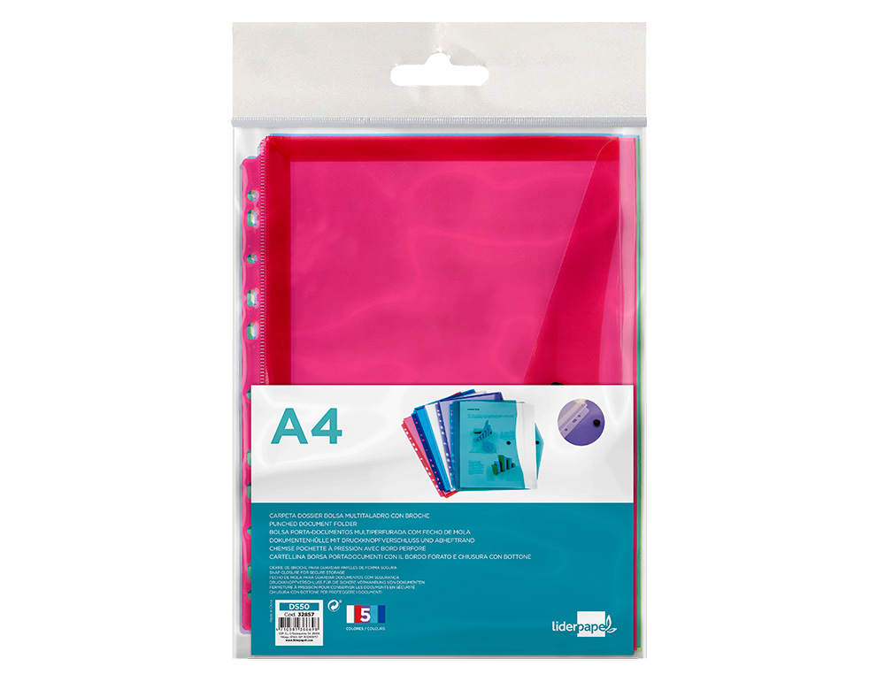 BOLSA PORTA DOCUMENTOS LIDERPAPEL MULTIPERFURADA DIN A4 PACK DE 5 CORES SORTIDAS