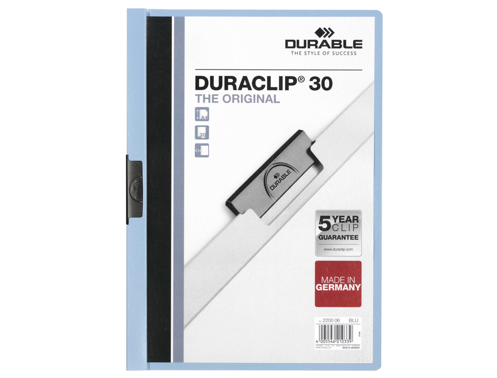 BOLSA DOSSIER DURABLE COM CLIP LATERAL DIN A4 AZUL 30 FOLHAS